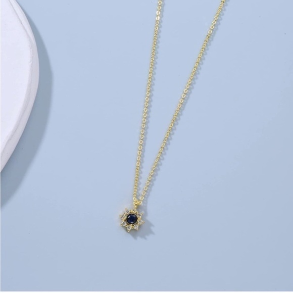 GOLD 14k Gold Plated Blue Cubic Zirconia Flower Pendant Necklace - Picture 3 of 3